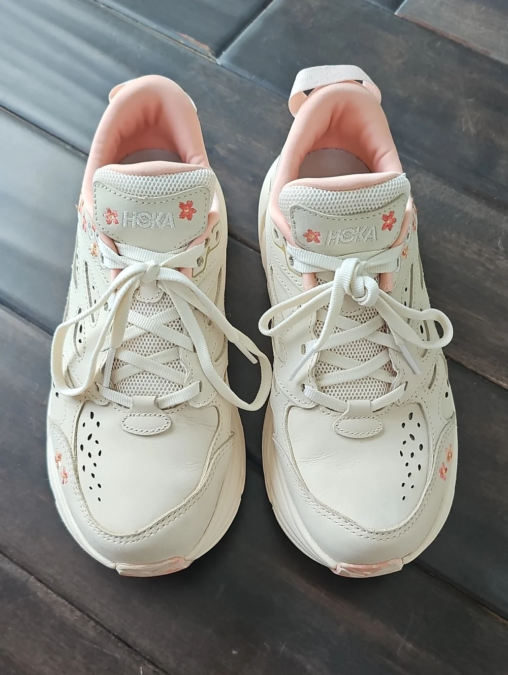 Hoka Women's Cream Athletic Sneakers with Pink/Peach Accents with Floral Details - Picture 1 of 8